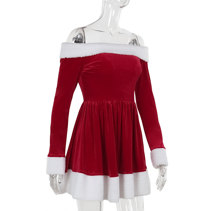 [Moon Test] Jena Women's Christmas Costume Santa Dress Plush Trim Boat-Neck Off-Shoulder Sleeve Dress New Year Party Cosplay Costume